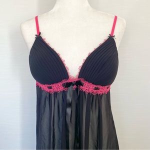 🔥Y2K Cosmopolitan Sheer Chiffon Babydoll Goth Black Pleated Pink Lace Slip Dress